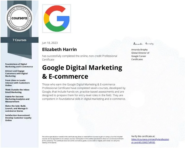 Google Digital Marketing & Ecommerce certificate issued to Elizabeth Harrin