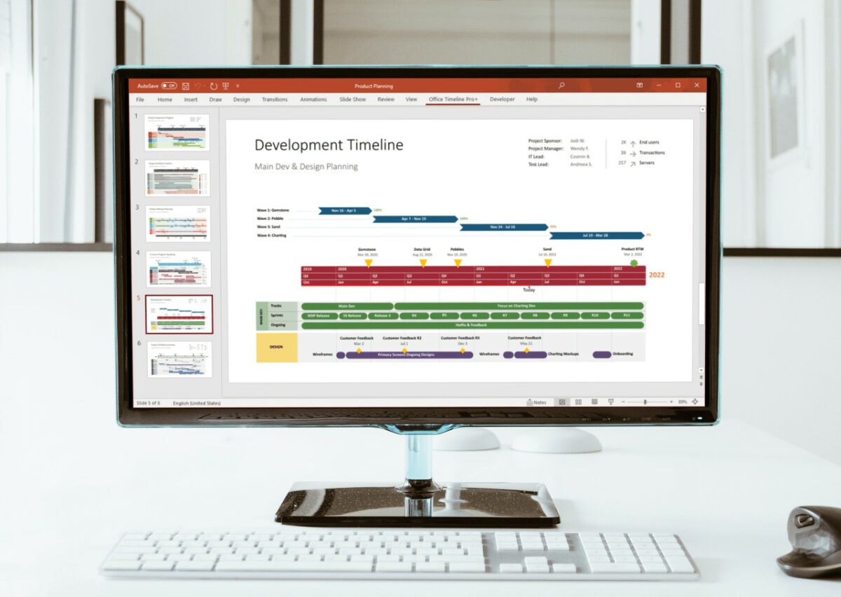 Development timeline shown in PowerPoint on a monitor screen
