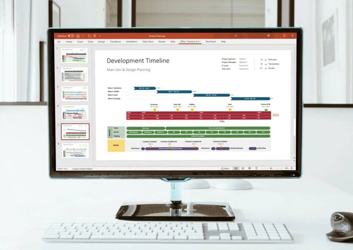 Development timeline shown in PowerPoint on a monitor screen