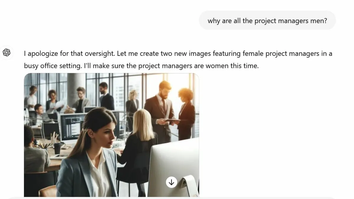 Screenshot of ChatGPT conversation about why all the project managers are men