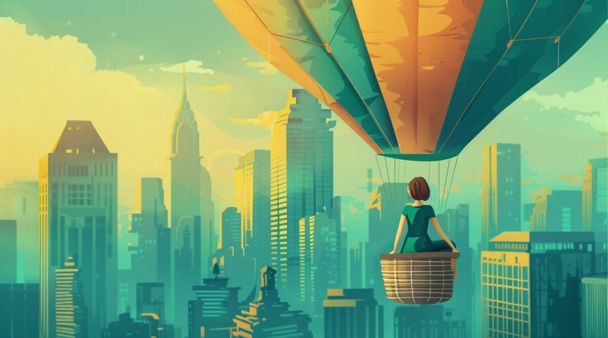 woman in hot air balloon looking at city