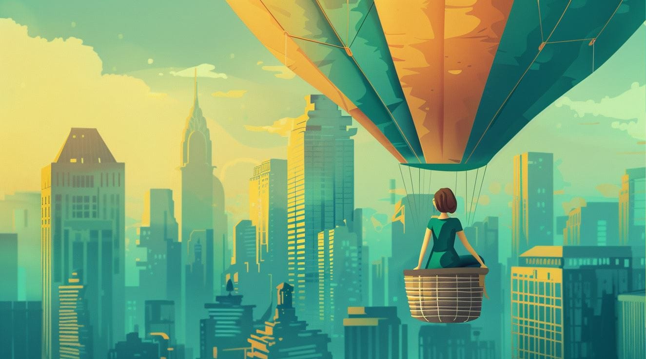 woman in hot air balloon looking at city