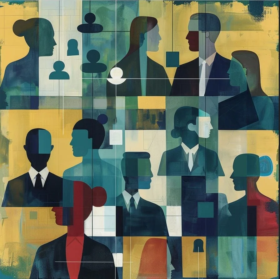 Abstract image created by Midjourney that shows faces of office workers