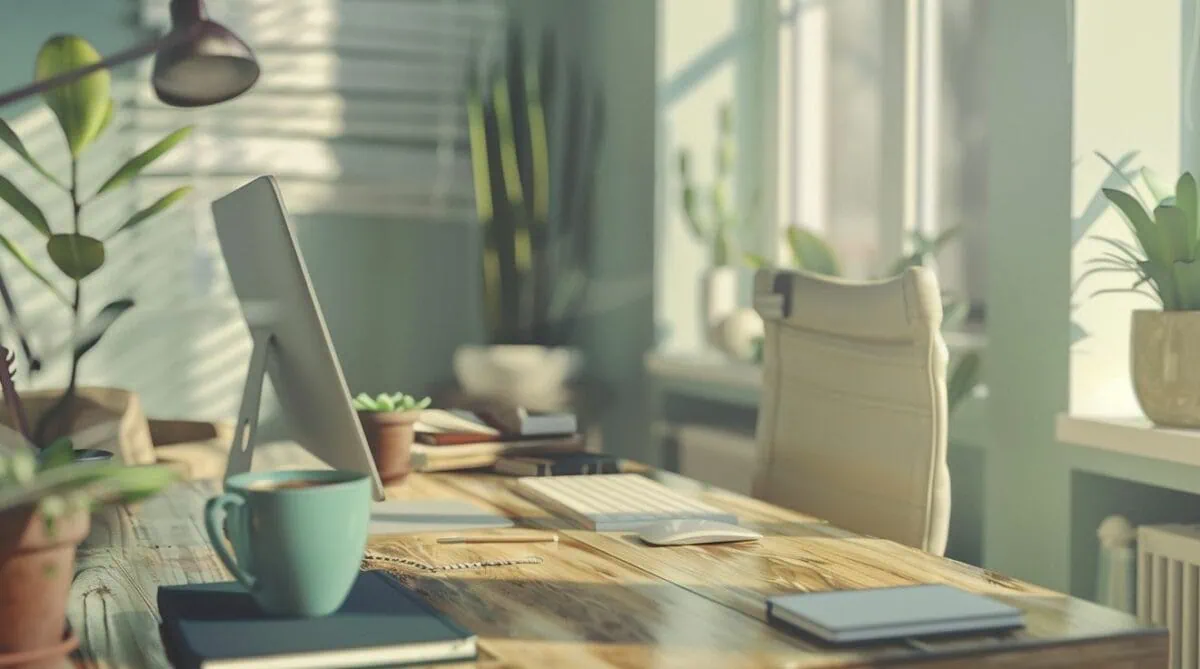 Tidy desk with a teal mug and white chair