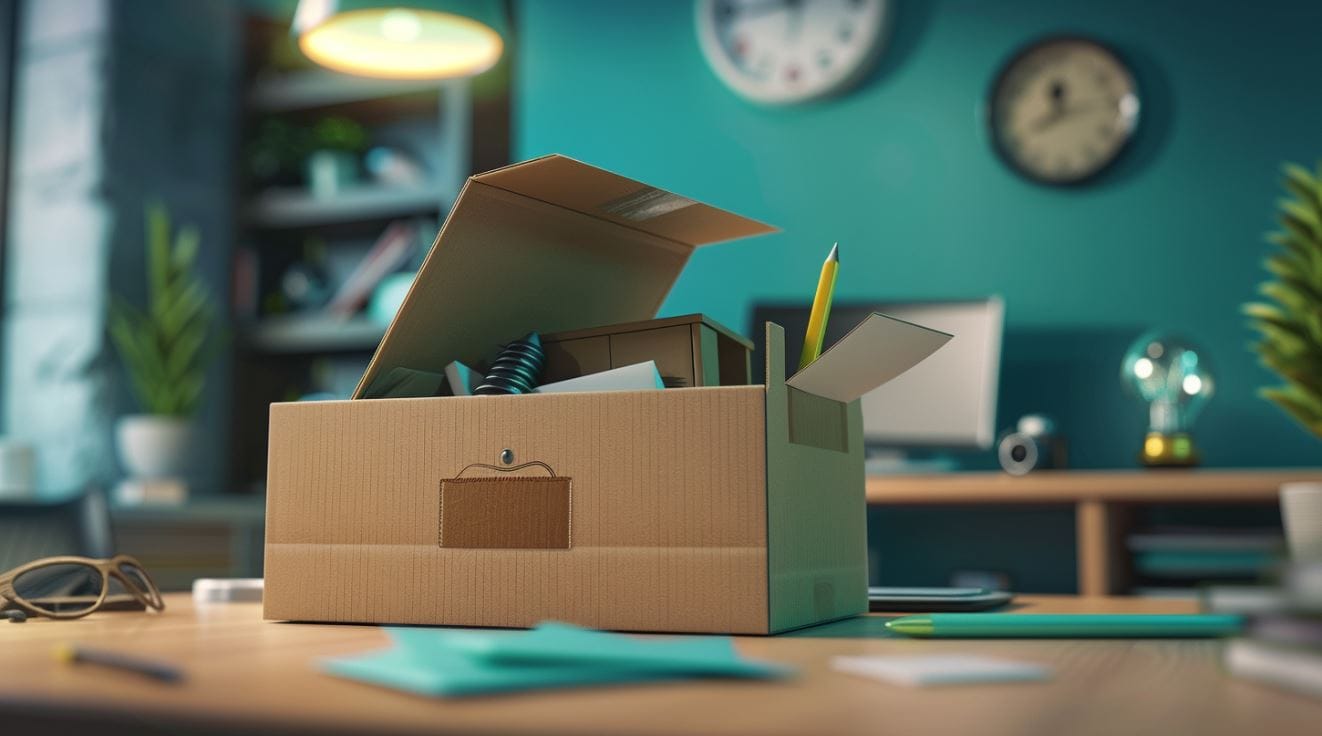Cardboard box on a desk filled with business items made with Midjourney