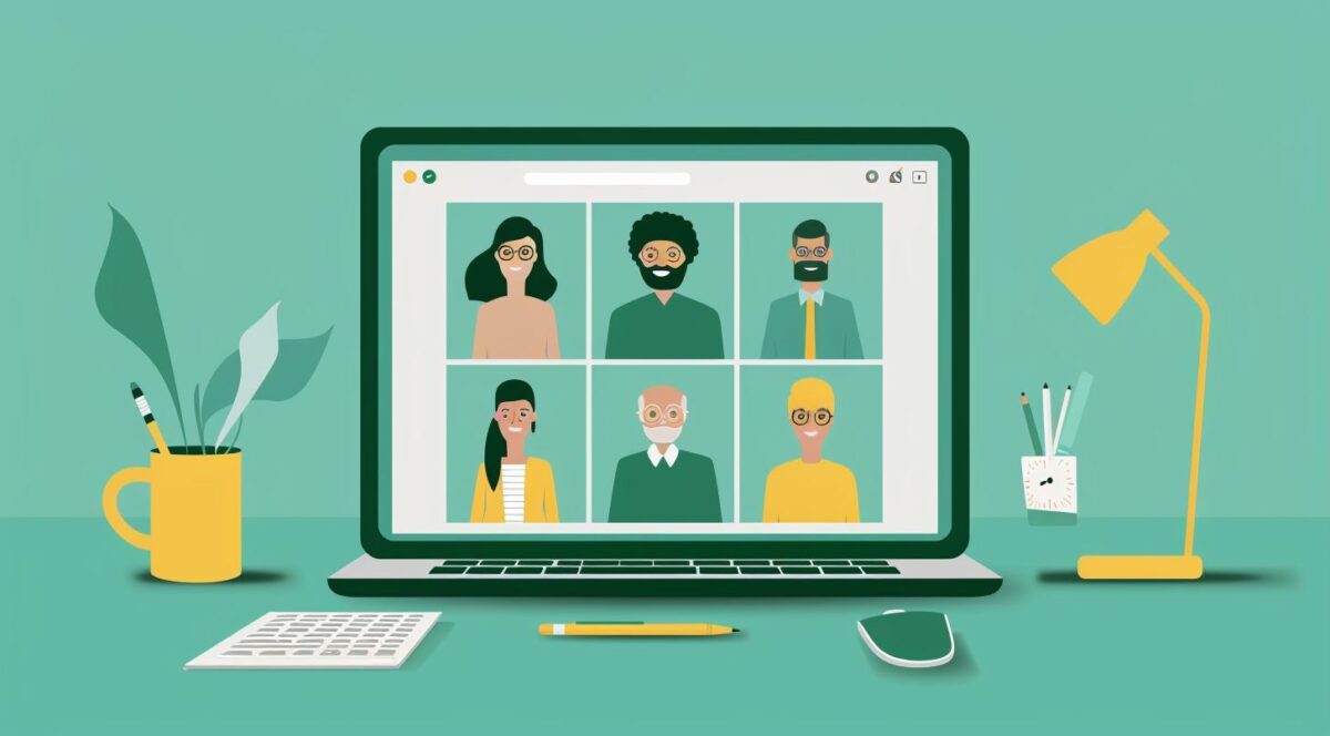 Laptop screen illustration with people in a virtual meeting. 