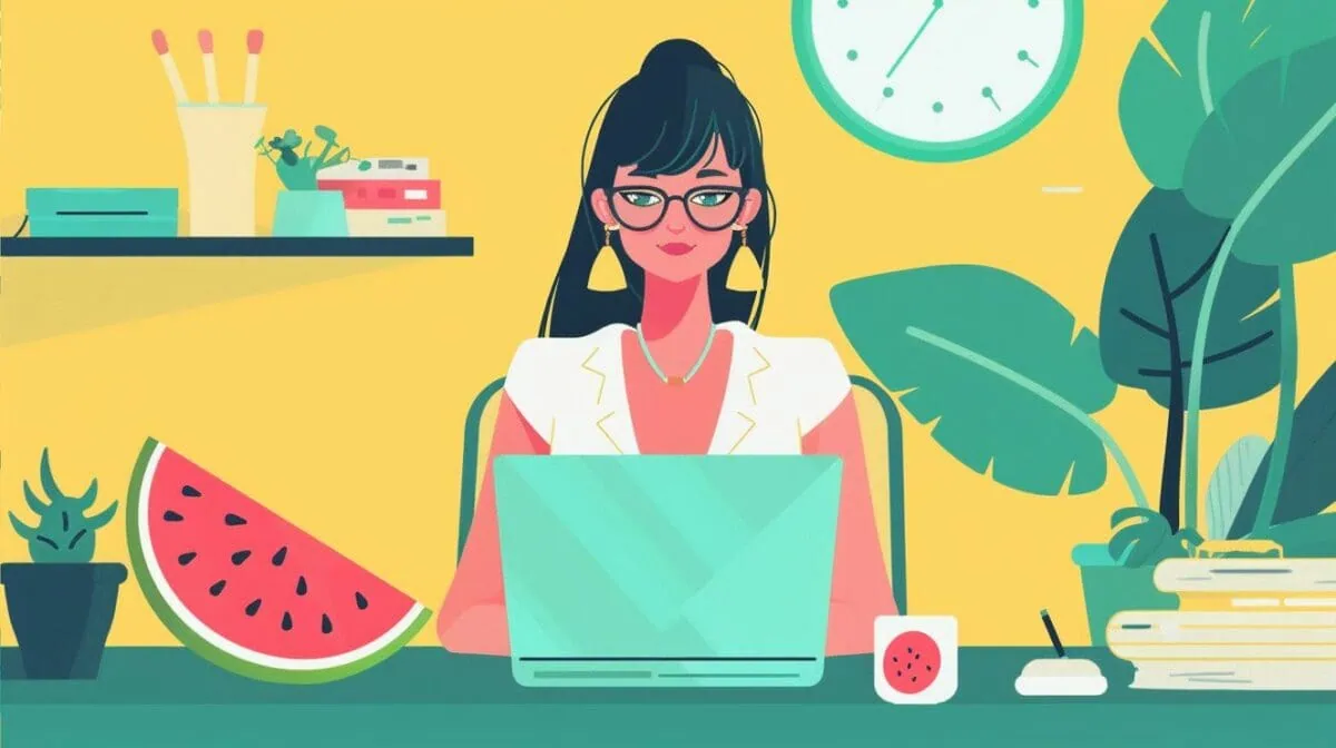 Woman sitting at a desk with a slice of watermelon