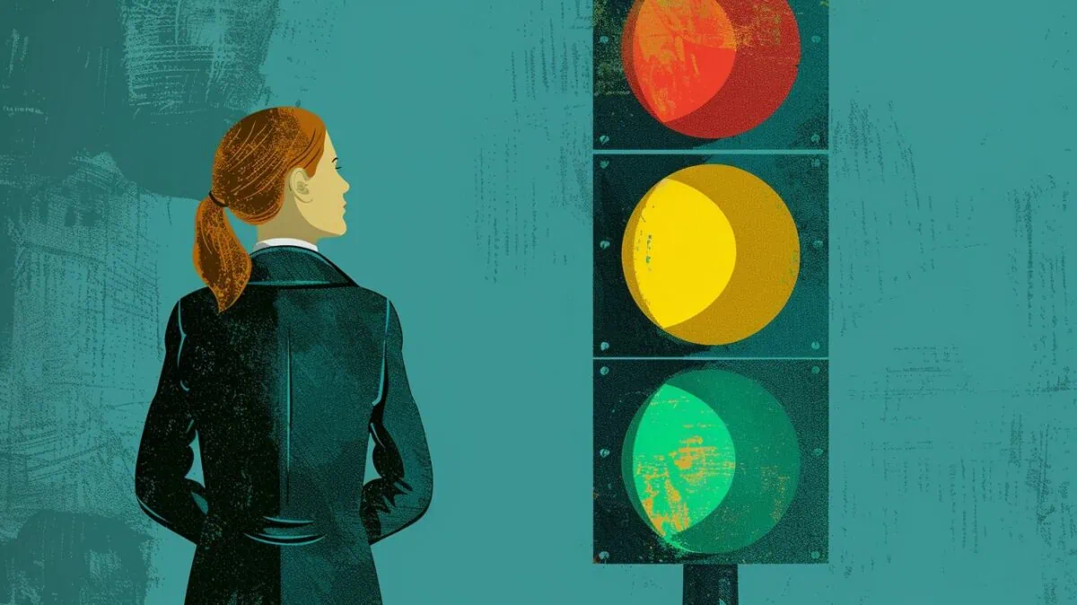 woman looking at traffic light