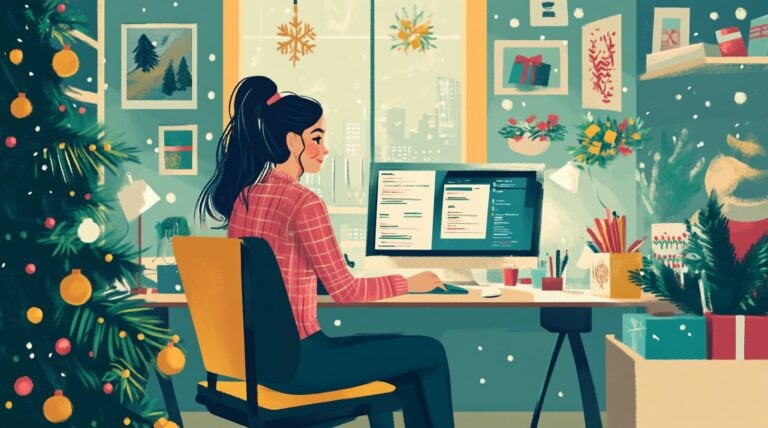 midjourney image of woman sitting at computer surrounded by holiday decorations