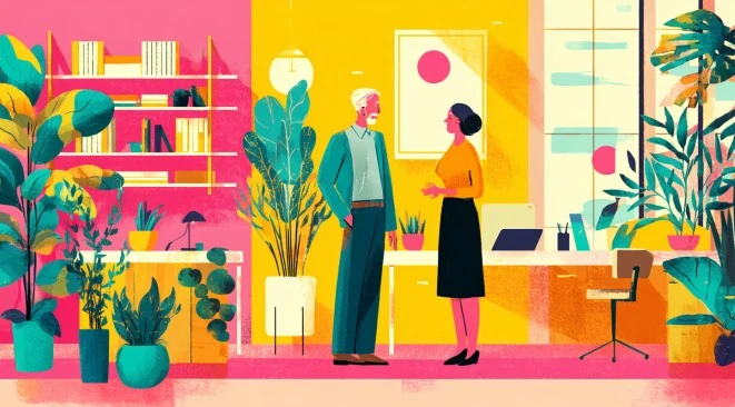 Illustration of two people talking in an office