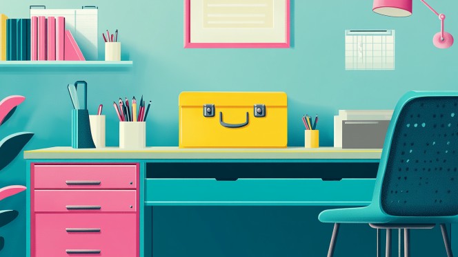 Yellow toolbox sits on a blue desk