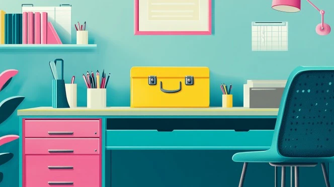 Yellow toolbox sits on a blue desk