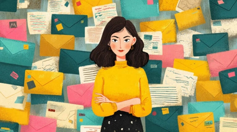 Woman stands by a pile of emails