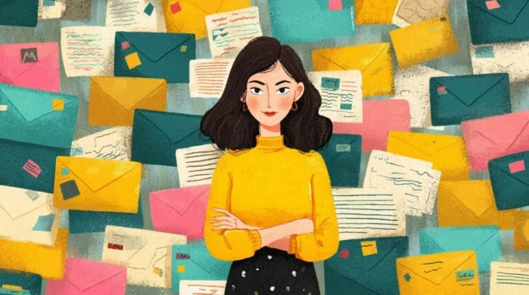 Woman stands by a pile of emails