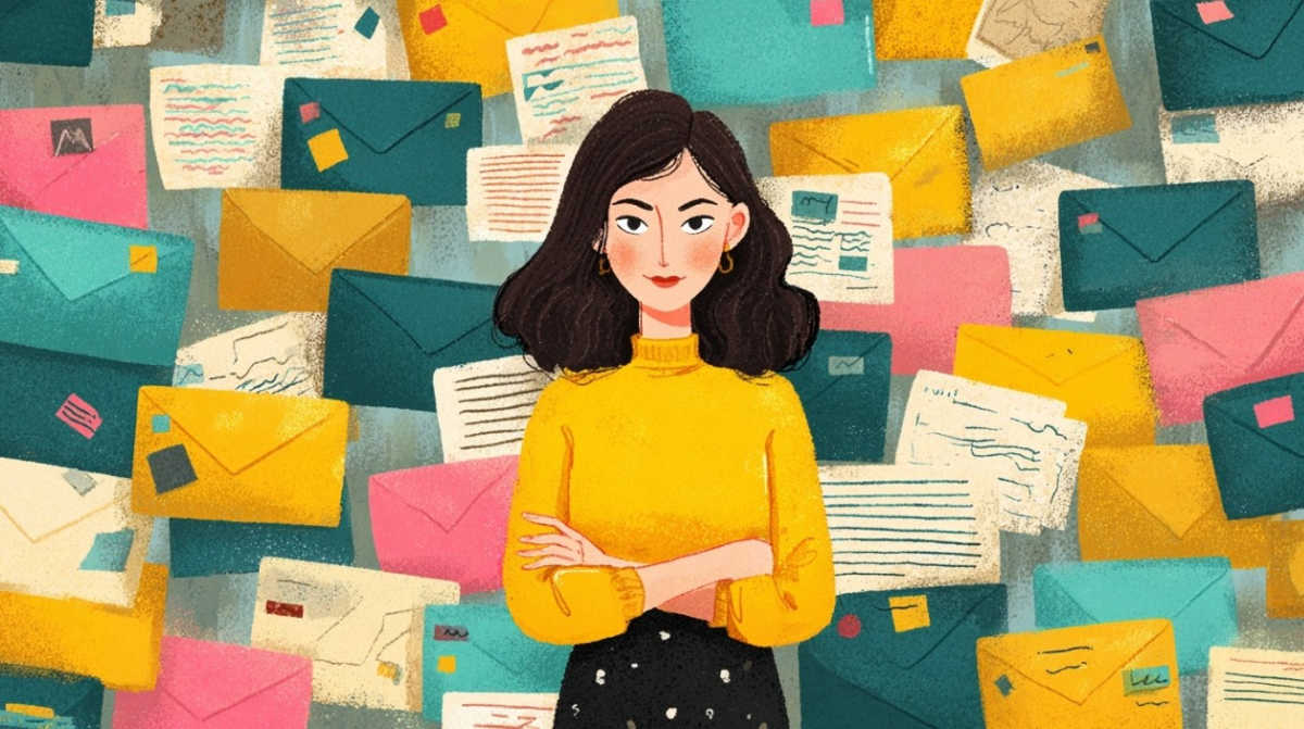 Woman stands by a pile of emails