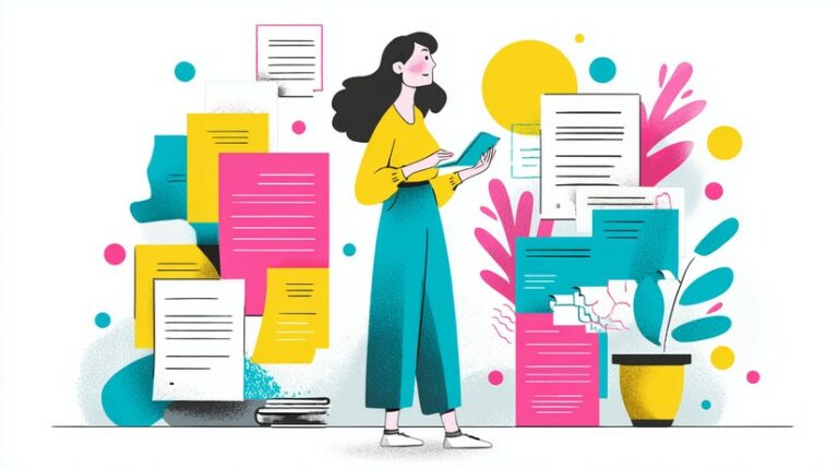 Woman standing near lots of documents