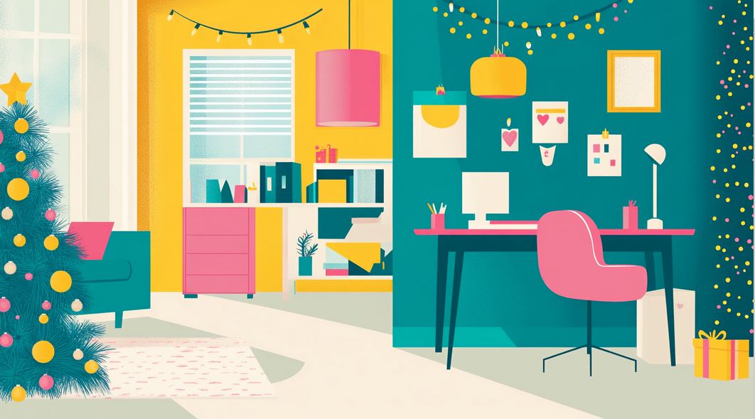 Interior of an office at Christmas with decorations
